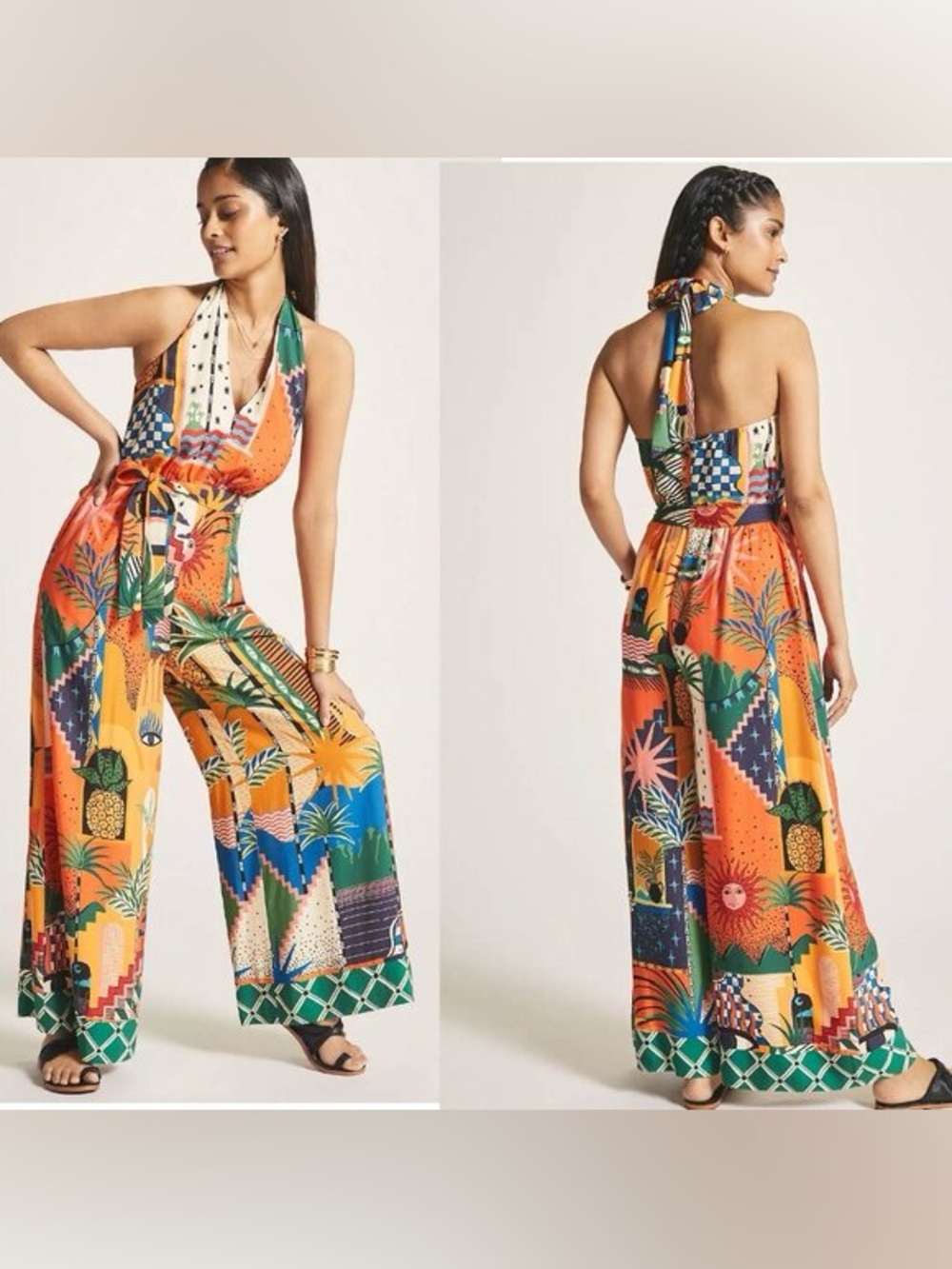 Farm Rio x Anthropologie Halter Jumpsuit Tropical Print Wide Leg Belted Waist